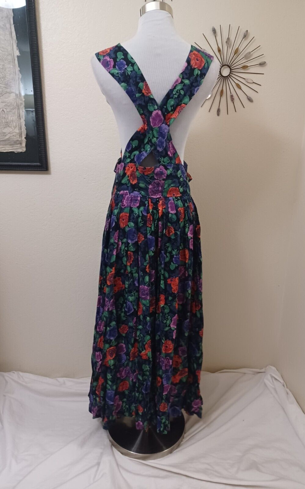 90s OUTBACK RED BLACK/RED/PURPLE FLORAL PRINT RAYON WIDE STRAP JUMPER SKIRT 8 - Fresh Stock Dated March 2026