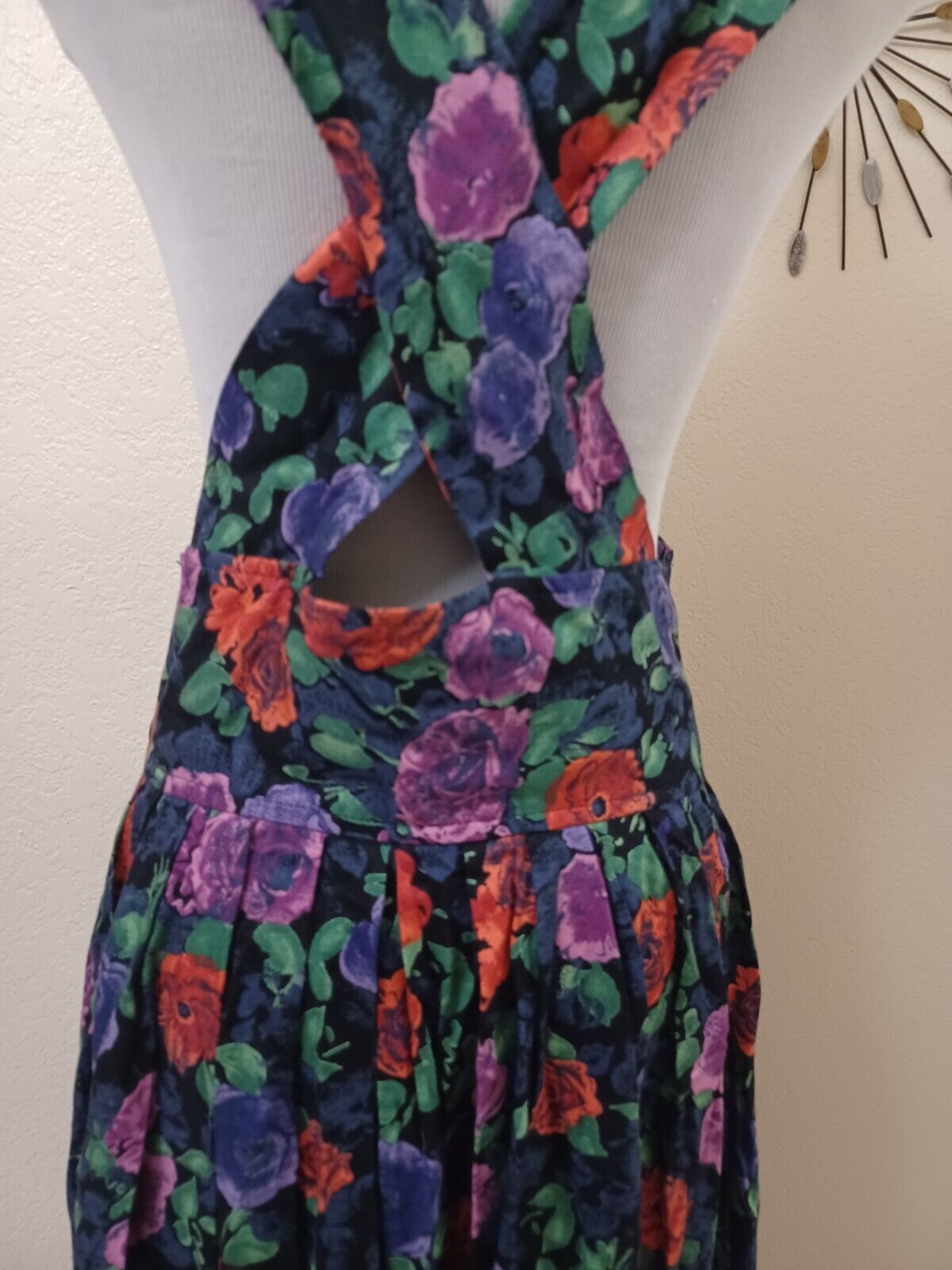 90s OUTBACK RED BLACK/RED/PURPLE FLORAL PRINT RAYON WIDE STRAP JUMPER SKIRT 8 - Fresh Stock Dated March 2026