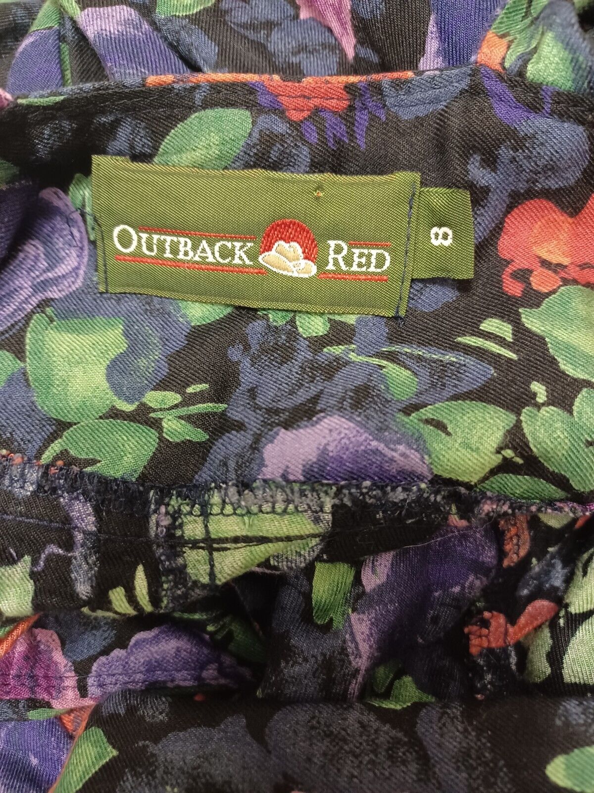 90s OUTBACK RED BLACK/RED/PURPLE FLORAL PRINT RAYON WIDE STRAP JUMPER SKIRT 8 - Fresh Stock Dated March 2026