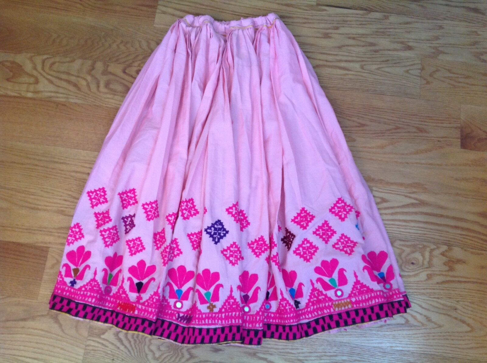 VINTAGE HANDMADE FRIDA KAHLO STYLE PINK EMBROIDERED LONG MAXI SKIRT BOHO INDIA - Fresh Stock Dated December 2025