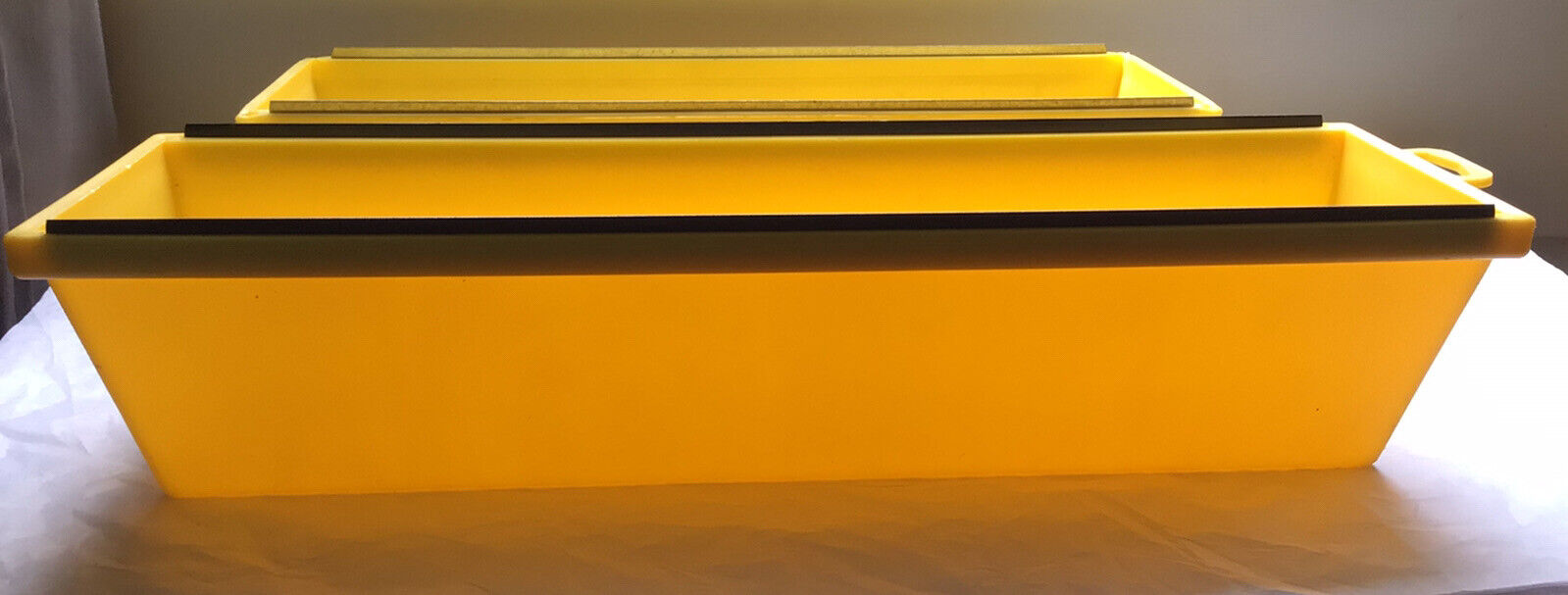 Lot Set of 2 Yellow Mud Pan Plastic Molded 12” & 14” Inch W/ Steel Wiping Blades - Fresh Stock Dated February 2026