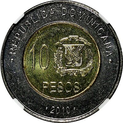 DOMINICAN REPUBLIC 2010 10 Pesos NGC MS66 MELLA TOP GRADED BY NGC KM# 106 (015) - Fresh Stock Dated December 2025