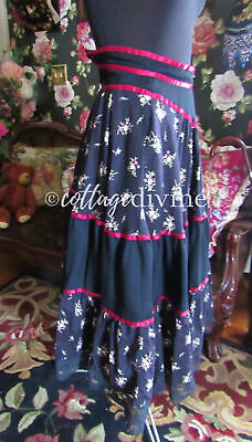 Gothic Black Wine Floral Vtg Gunne Sax Gunnies 1970s Rayon Tiered Prairie Skirt - Fresh Stock Dated February 2026