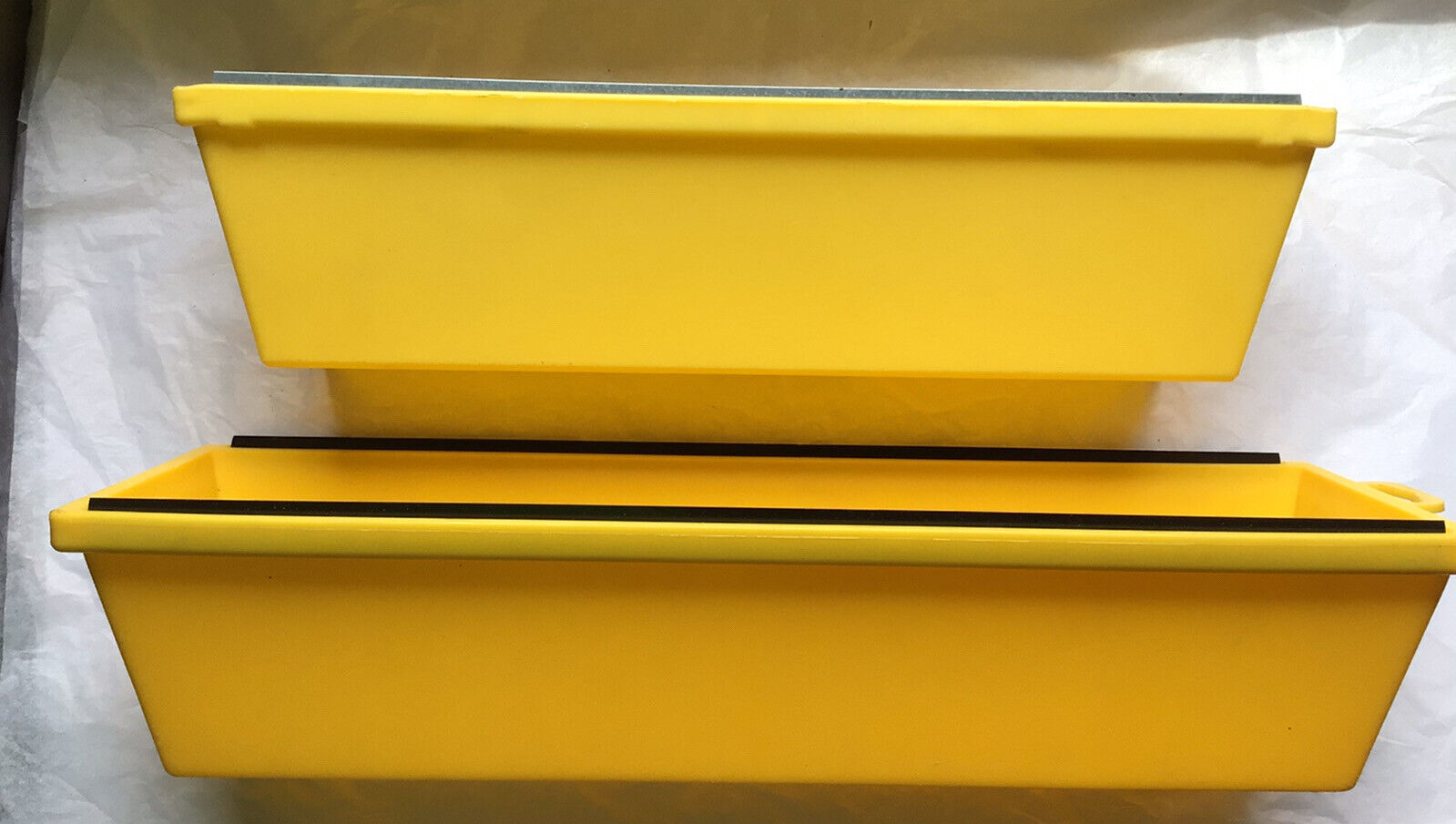 Lot Set of 2 Yellow Mud Pan Plastic Molded 12” & 14” Inch W/ Steel Wiping Blades - Fresh Stock Dated February 2026