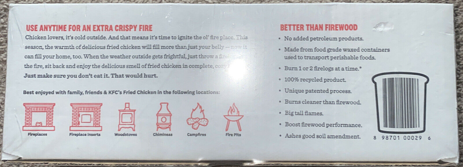 KFC Limited Edition 11 Herbs Spices Firelog Enviro-Log 2019 Envirolog Fire Log - Fresh Stock Dated December 2025