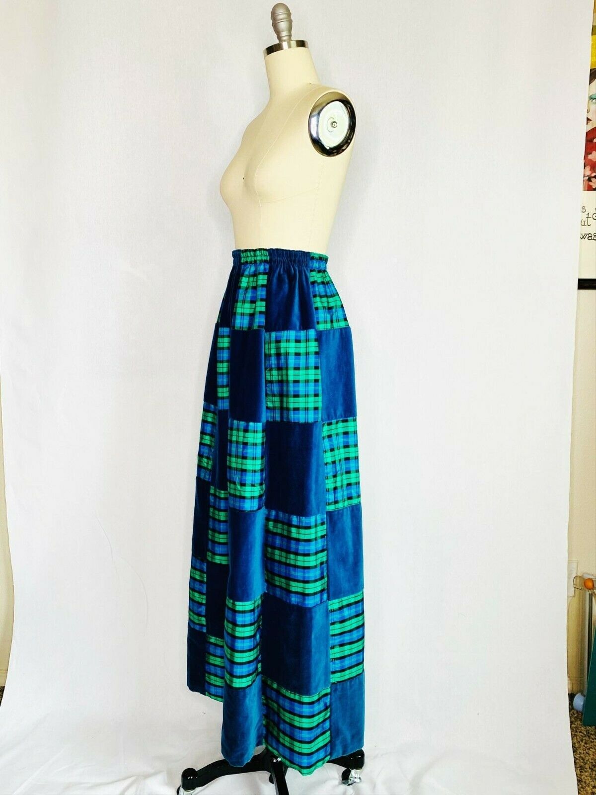 Vintage 70s Patch Work Maxi Skirt S Small Blue Plaid Pattern Hippy Festival Boho - Fresh Stock Dated March 2026