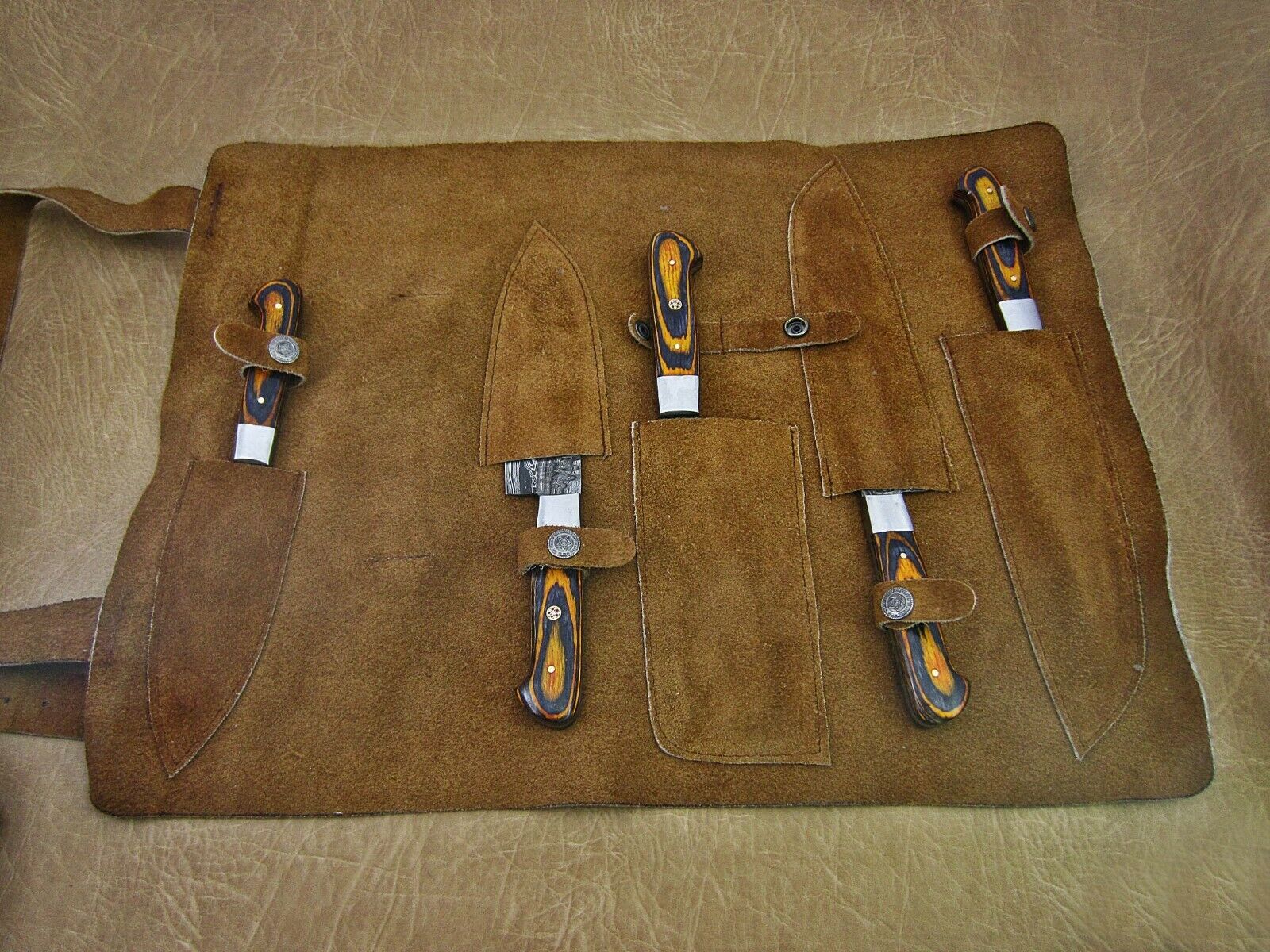 Hand forged hammered Damascus steel 5 piece Kitchen knife set, Orange Black - Fresh Stock Dated January 2026