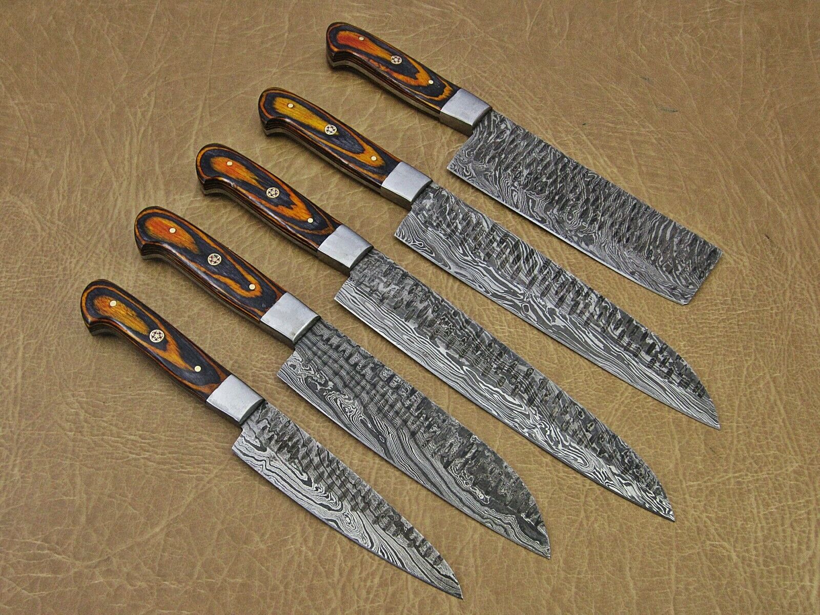 Hand forged hammered Damascus steel 5 piece Kitchen knife set, Orange Black - Fresh Stock Dated January 2026