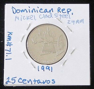 SET OF TWO 1991 DOMINICAN REPUBLIC 25 CENTAVOS COINS (BRILLIANT & UNCIRCULATED) - Fresh Stock Dated December 2025