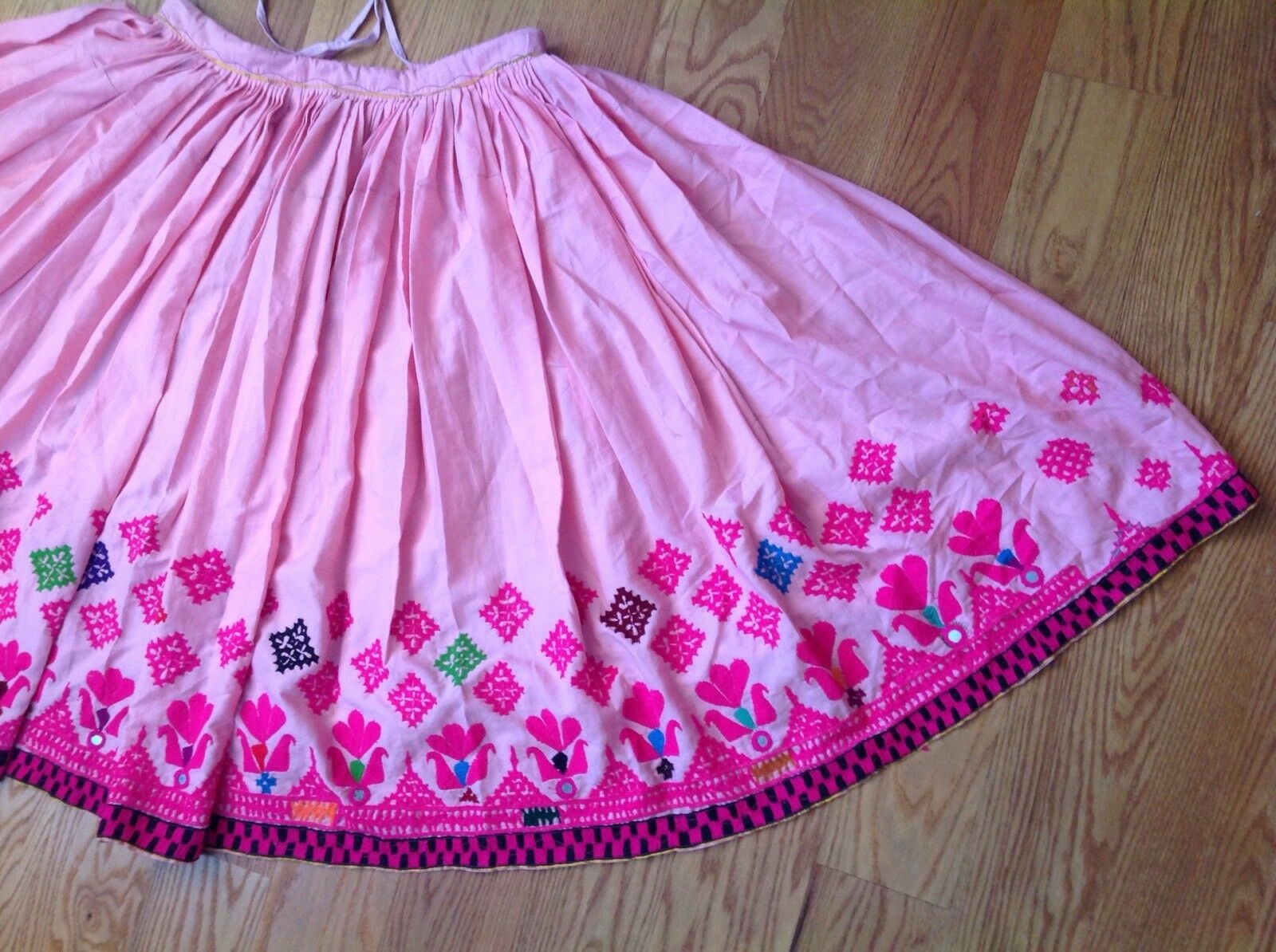 VINTAGE HANDMADE FRIDA KAHLO STYLE PINK EMBROIDERED LONG MAXI SKIRT BOHO INDIA - Fresh Stock Dated December 2025