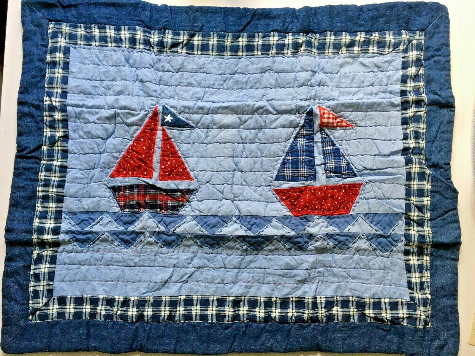 quilted SHAM *appliqued SAILBOATS * standard* RED / BLUE *SAILING ADVENTURE* NIP - Fresh Stock Dated December 2025
