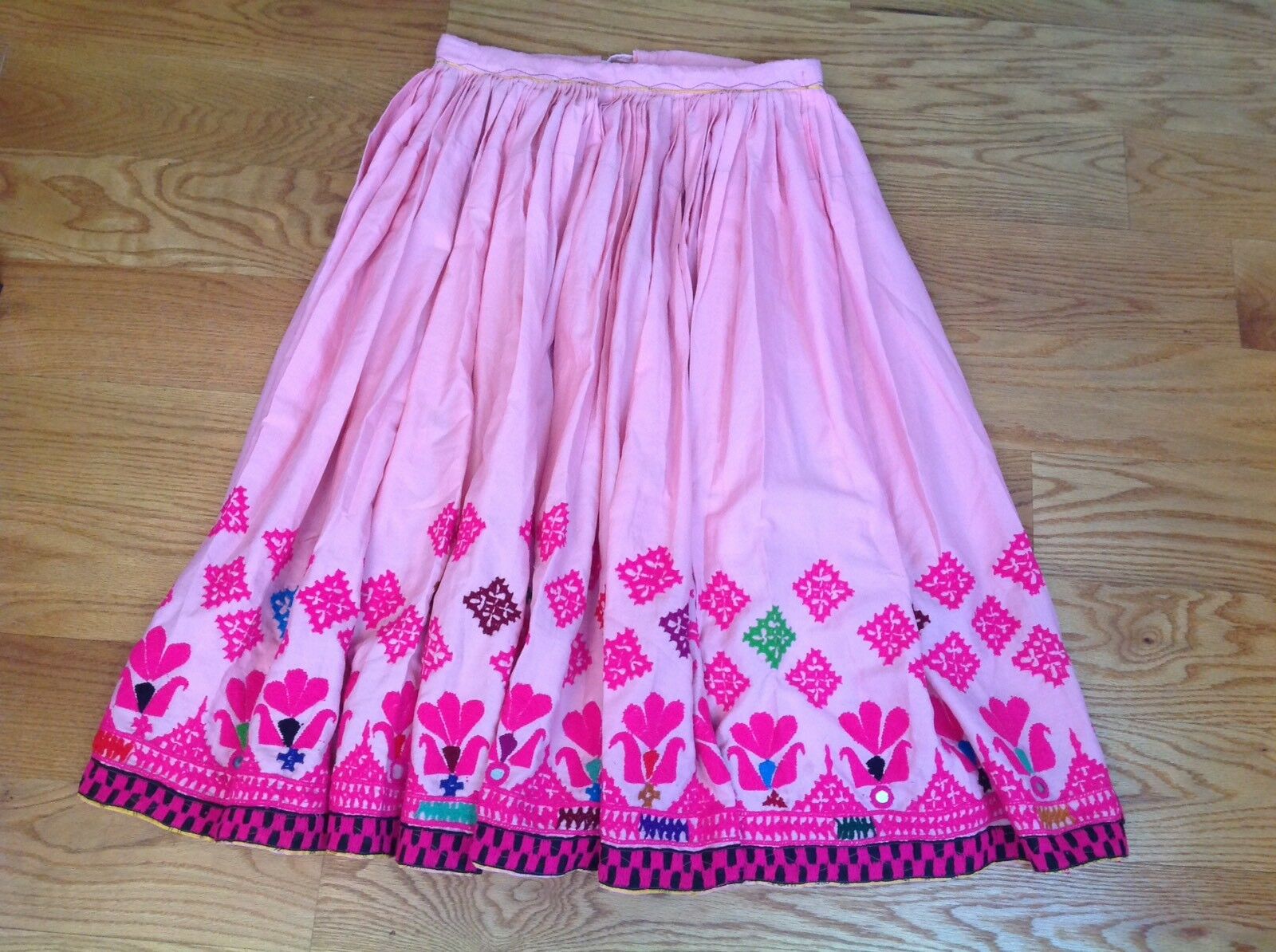 VINTAGE HANDMADE FRIDA KAHLO STYLE PINK EMBROIDERED LONG MAXI SKIRT BOHO INDIA - Fresh Stock Dated December 2025