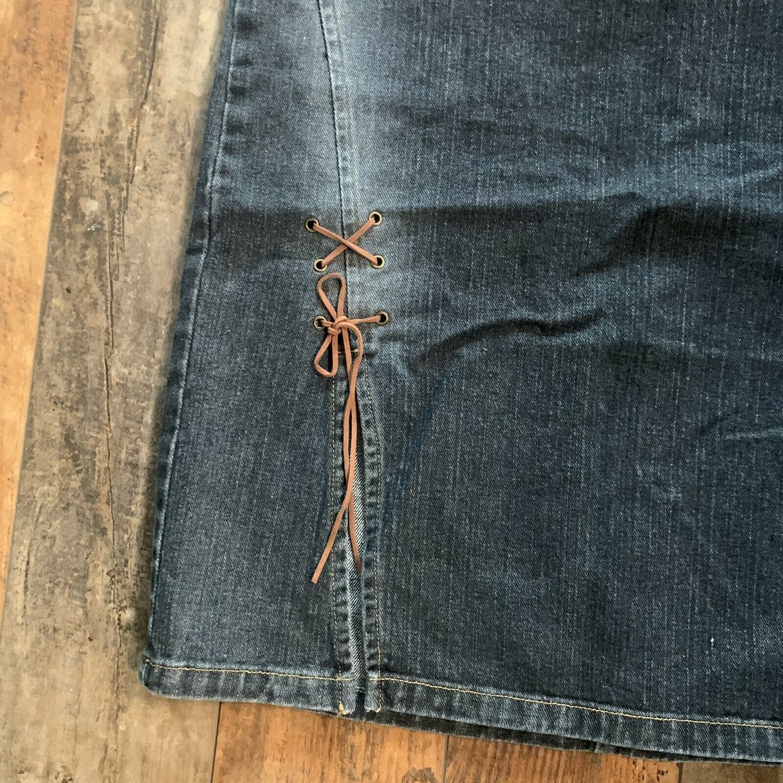 Vintage 90’s Clio Denim Skirt leather Tie Detail, Size Large - Fresh Stock Dated March 2026