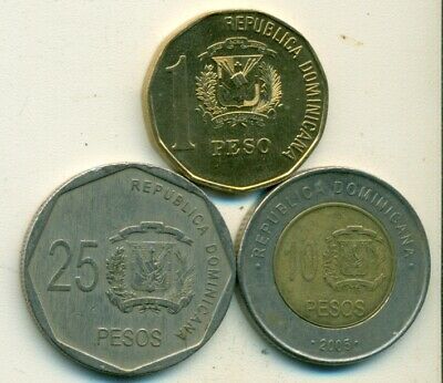 3 COINS from the DOMINICAN REPUBLIC - 1/10/25 PESOS (ALL 2005)..10P is BI-METAL - Fresh Stock Dated February 2026