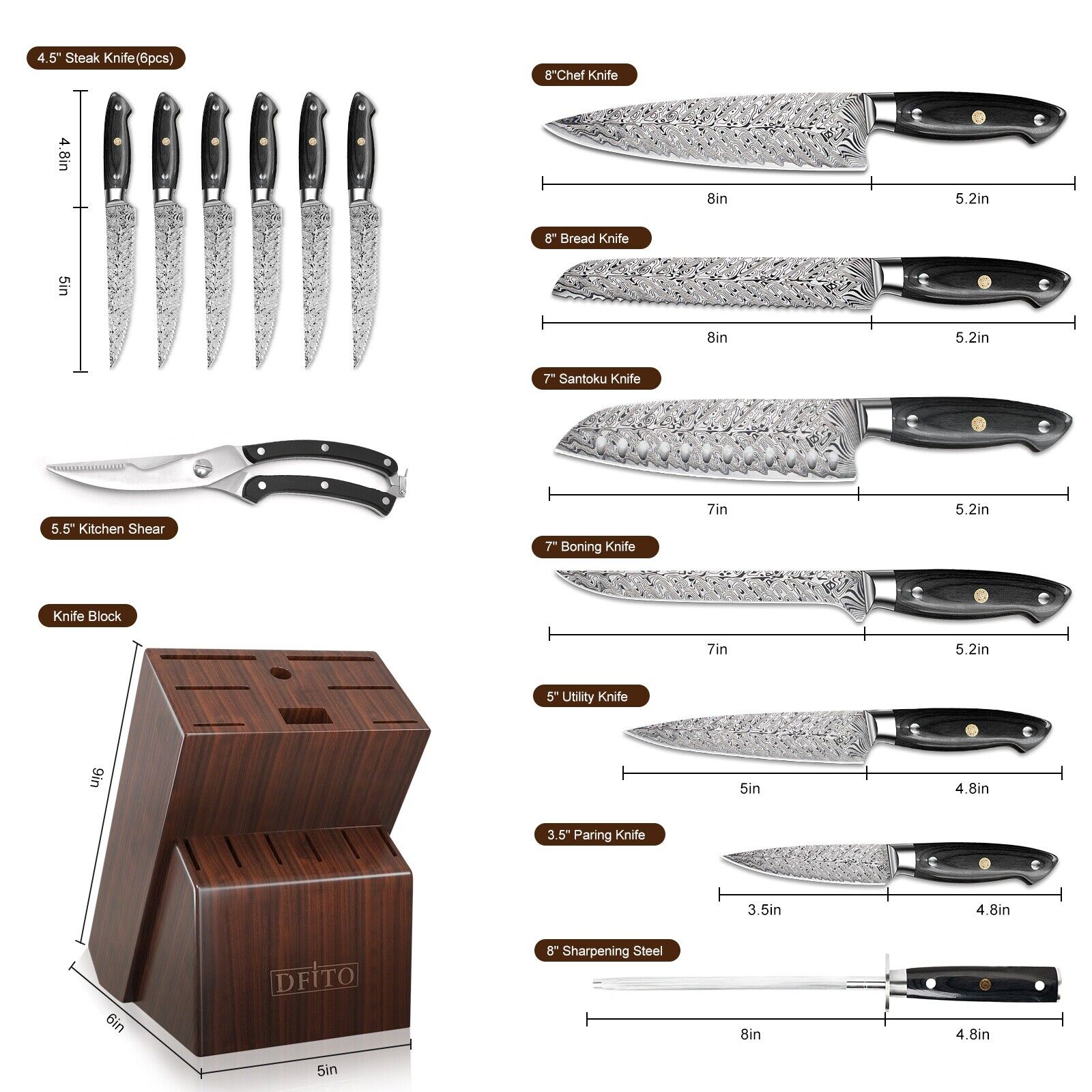15 Piece Kitchen Damascus Knife Set with Block German Stainless Steel Knives Set - Fresh Stock Dated February 2026
