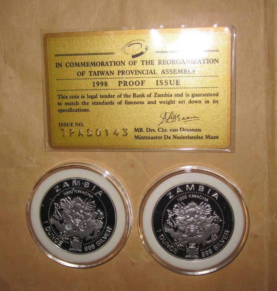 1998 Zambia 1000 KW (DRAGON) REORGANIZATION OF TAIWAN PROVINCIAL Proof Silver CO - Fresh Stock Dated February 2026