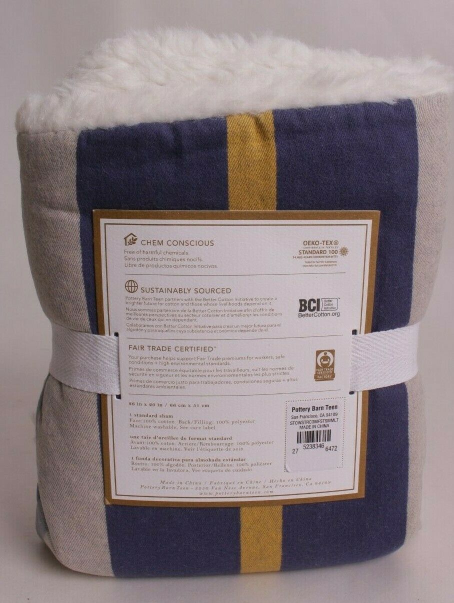 Pottery Barn PB Teen Stow Stripe Sherpa standard sham, blue yellow - Fresh Stock Dated December 2025
