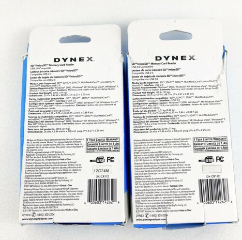 NEW Dynex USB 2.0 2-in-1 Memory Card Reader DX-CR112 Plug & Play 2 PACK - Fresh Stock Dated February 2026