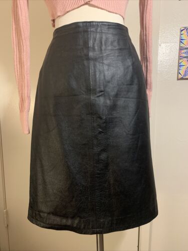 Women’s Stunning Vintage Black Real Leather Tailored Midi Pencil Skirt, Size 8 - Fresh Stock Dated February 2026