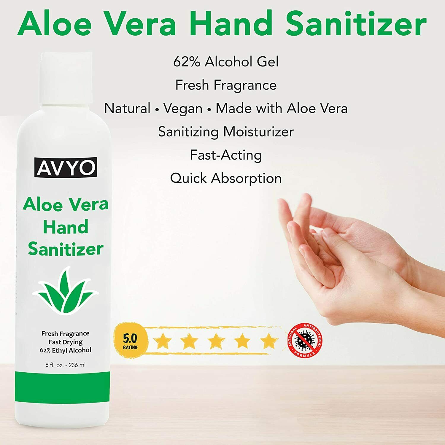 AVYO Aloe Vera Hand Sanitizer | Ethyl Alcohol 62% | FDA Registered (6 or 12 pk) - Fresh Stock Dated February 2026