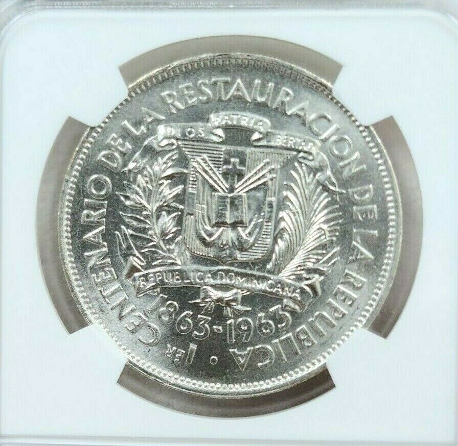 1963 DOMINICAN REPUBLIC SILVER 1 PESO REPUBLIC RESTORATION NGC MS 66 SCARCE GEM - Fresh Stock Dated February 2026