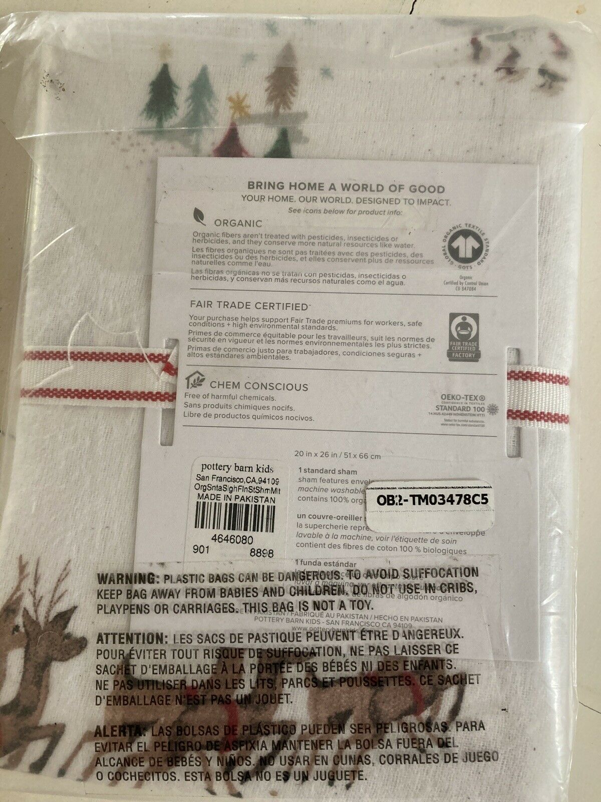 NEW Pottery Barn Kids Christmas Sham GLOW IN DARK Santa/Sleigh STANDARD Flannel - Fresh Stock Dated December 2025