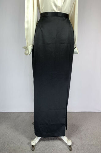Vintage 90s Black Satin Column Maxi Skirt High Slit Glamour Couture 12 Petite - Fresh Stock Dated March 2026