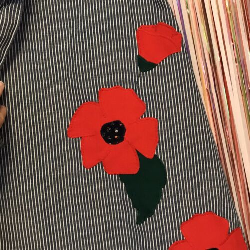 Vintage 1980s Fashioned by Lisa Trainor stripe Poppies novelty a-line wrap skirt - Fresh Stock Dated March 2026