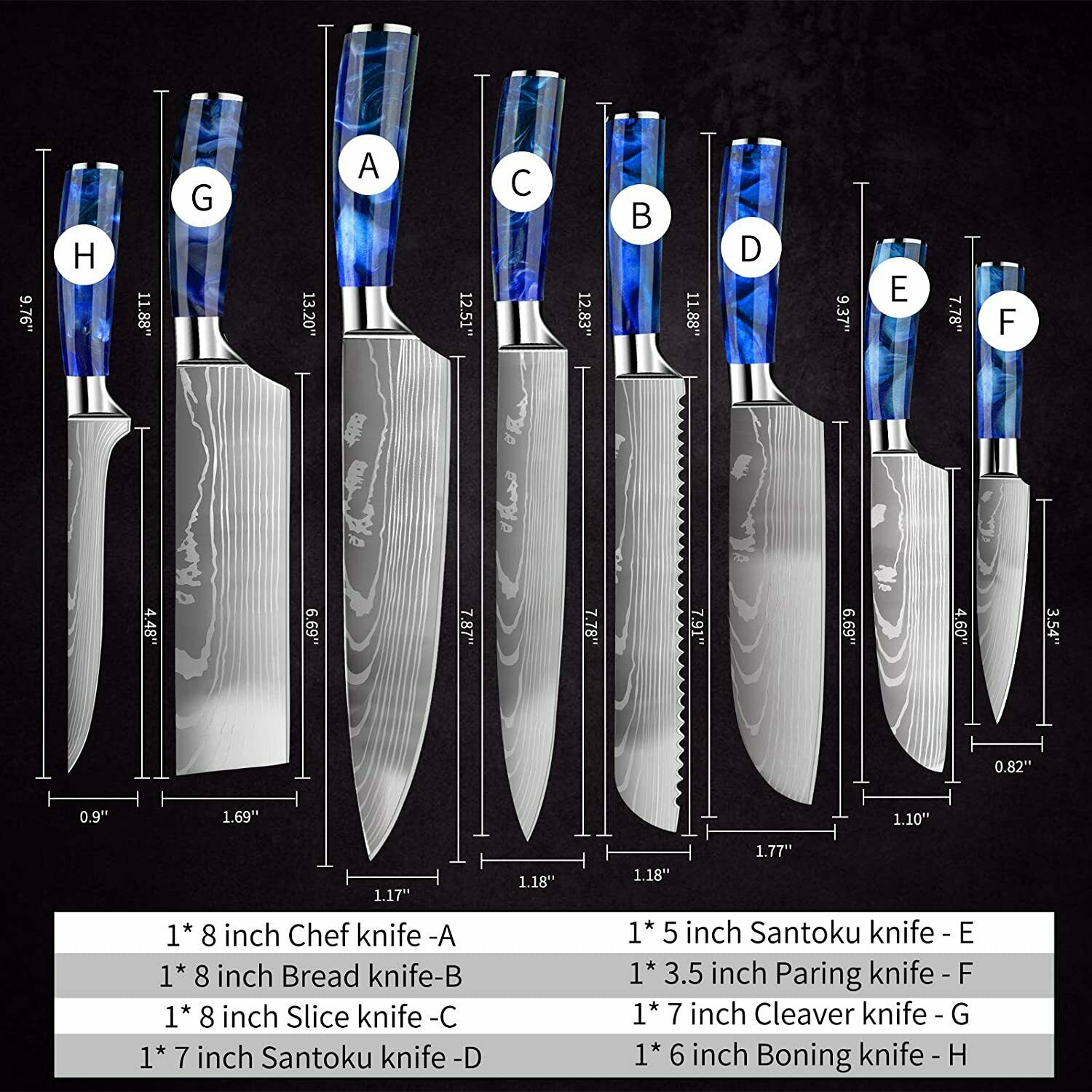10 Pcs Kitchen Knives Set Japanese Damascus Pattern Chef's Knife Resin Handle - Fresh Stock Dated December 2025