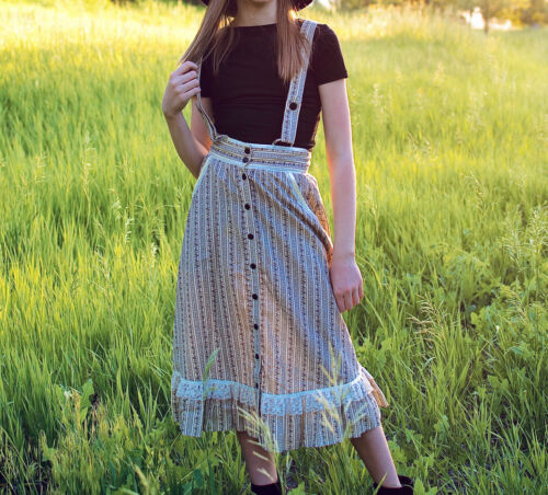 GUNNE SAX Jessica McClintock Vintage 100% Cotton High Waist Skirt Suspenders 7 - Fresh Stock Dated February 2026