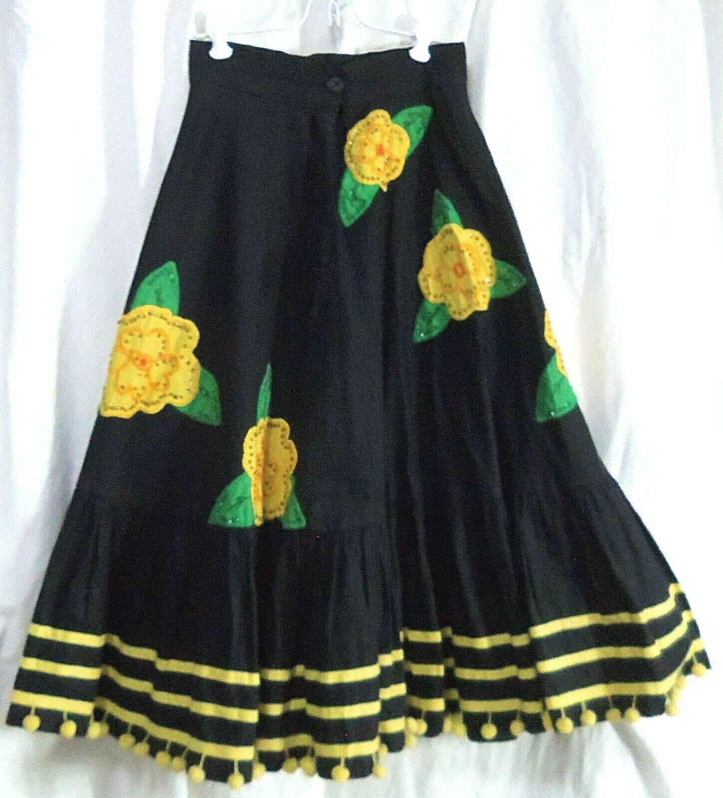 Rare VINTAGE Mexican HAND MADE Floral FESTIVE SKIRT sequins poms 4/6 XS/S 26x32 - Fresh Stock Dated February 2026
