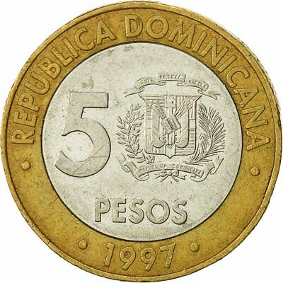 [#427382] Coin, Dominican Republic, 5 Pesos, 1997, AU(50-53), Bi-Metallic, KM:88 - Fresh Stock Dated December 2025
