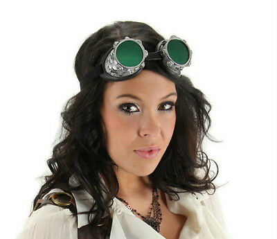 ADULT STEAMPUNK GOTH VICTORIAN CYBERSTEAM SILVER GREEN COSTUME GOGGLES GLASSES - Fresh Stock Dated February 2026