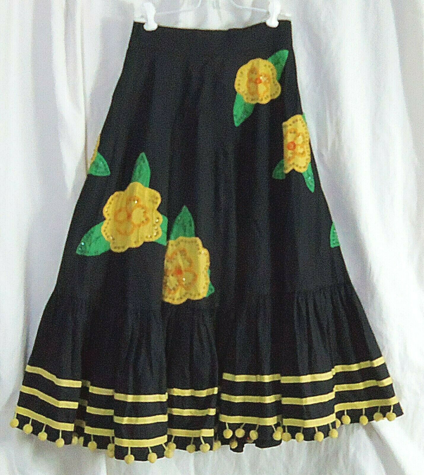 Rare VINTAGE Mexican HAND MADE Floral FESTIVE SKIRT sequins poms 4/6 XS/S 26x32 - Fresh Stock Dated February 2026