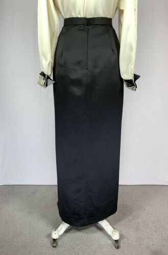 Vintage 90s Black Satin Column Maxi Skirt High Slit Glamour Couture 12 Petite - Fresh Stock Dated March 2026