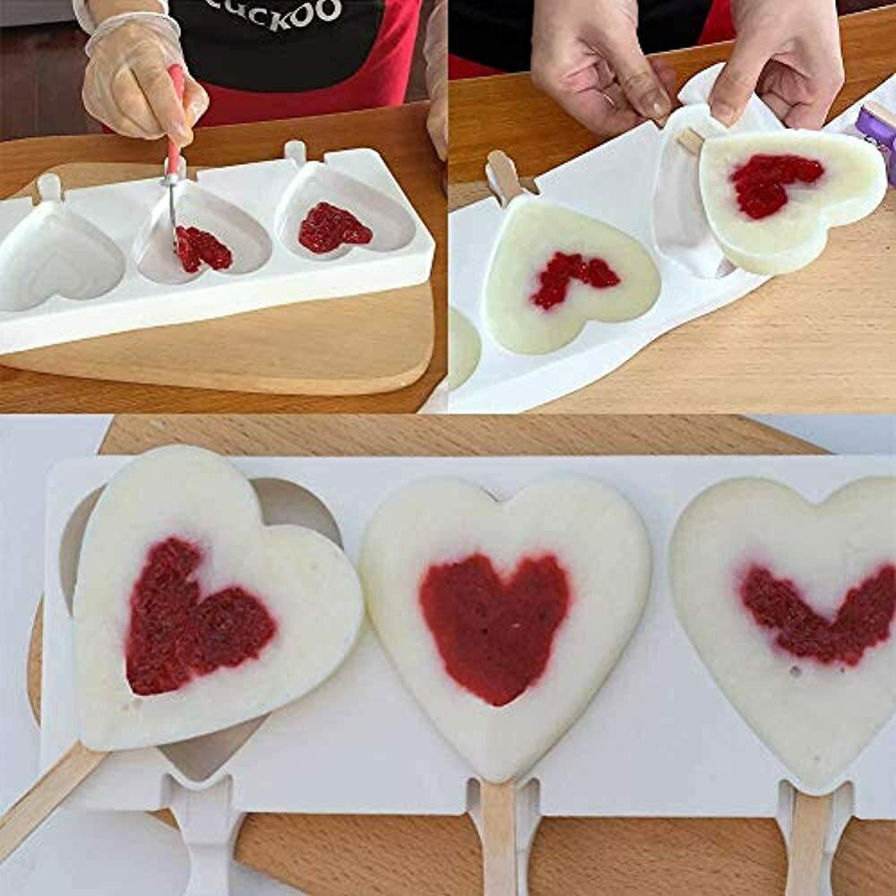 Detsnik Ice Pop Molds Silicone Popsicle 4 Cavities Homemade Cream Heart Reusable - Fresh Stock Dated February 2026