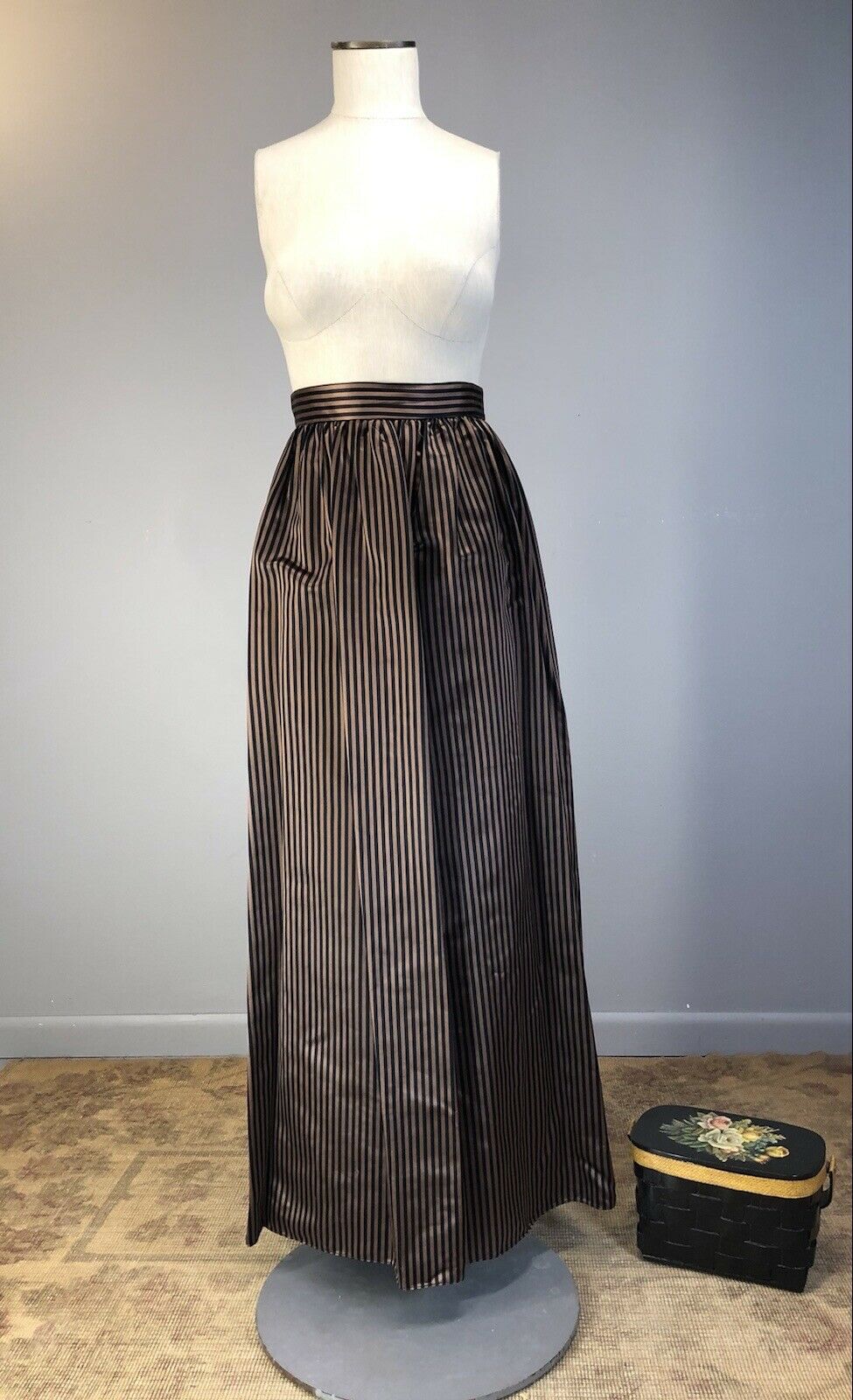 Vtg 80s Skirt High Waist SILK maxi Black Copper-Tan Stripe MONTALDO'S XS S - Fresh Stock Dated March 2026