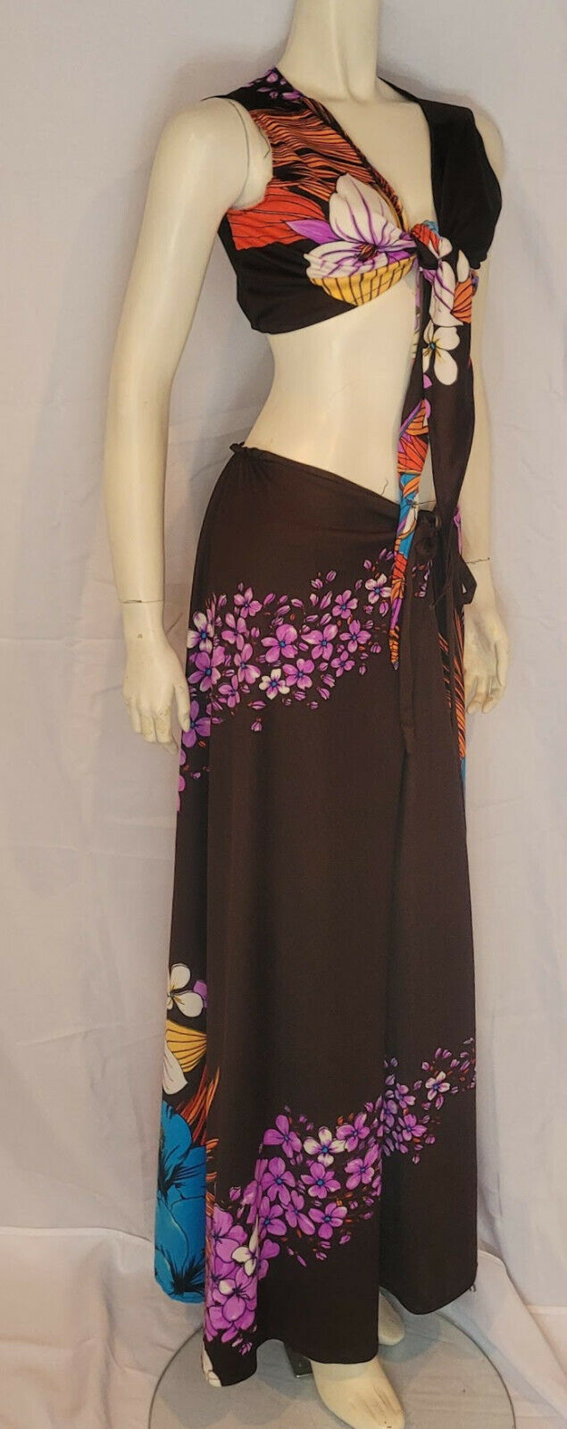 Vtg 70s 2pc MAXI HALTER DRESS WRAP SKIRT Boho Swimsuit COVERUP Hawaiian Flowers - Fresh Stock Dated March 2026