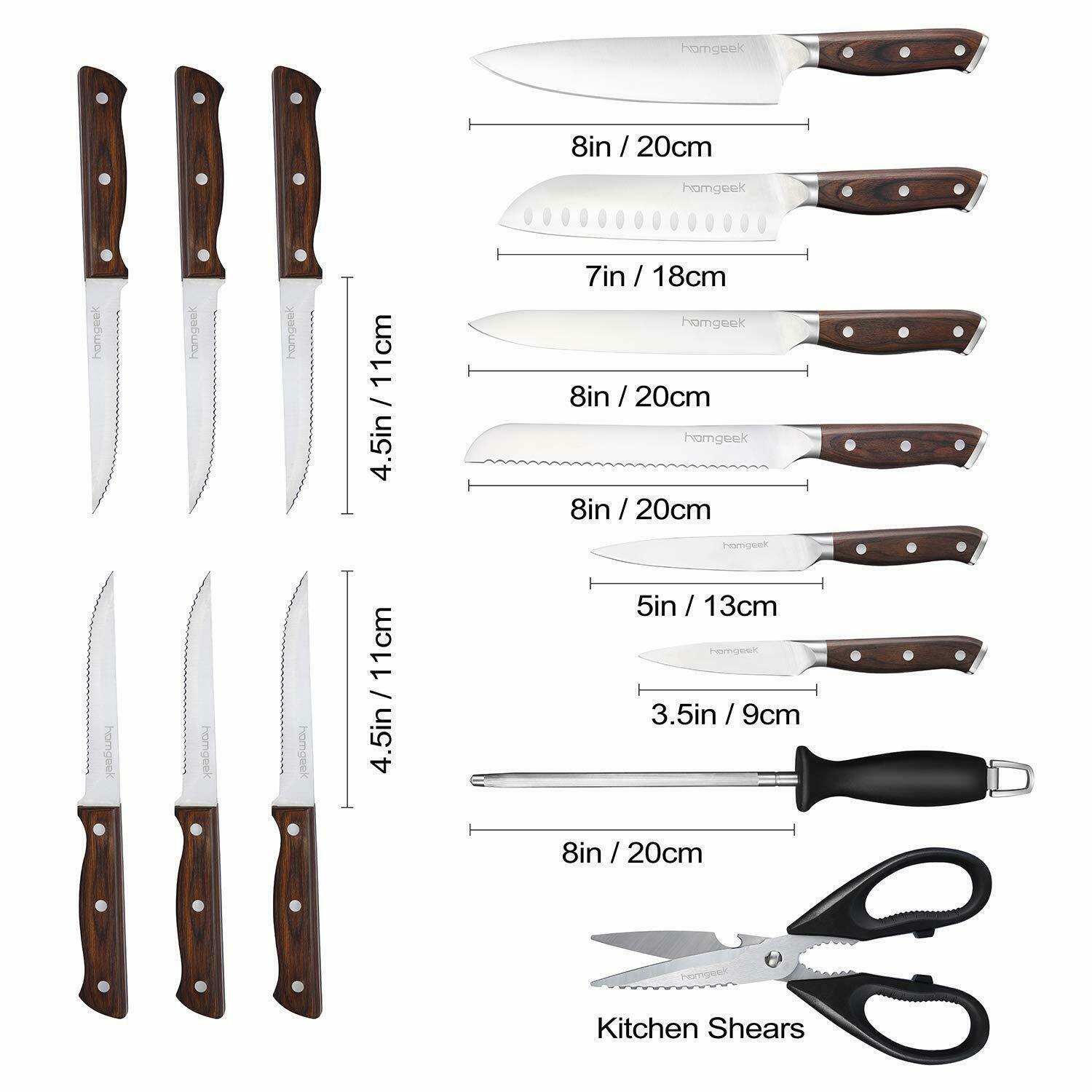 Knife Set, 15-Piece Kitchen Knife Set with Block Wooden, Manual Sharpening - Fresh Stock Dated December 2025