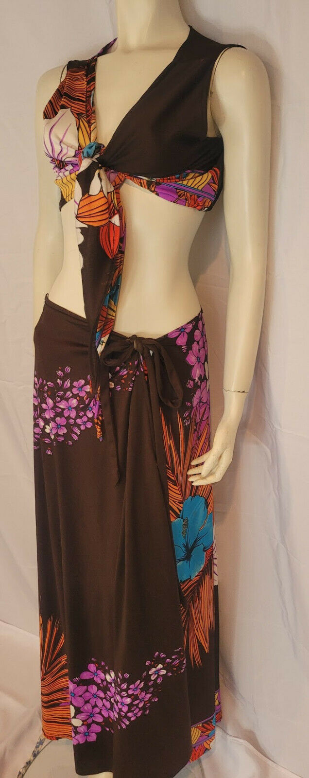 Vtg 70s 2pc MAXI HALTER DRESS WRAP SKIRT Boho Swimsuit COVERUP Hawaiian Flowers - Fresh Stock Dated March 2026