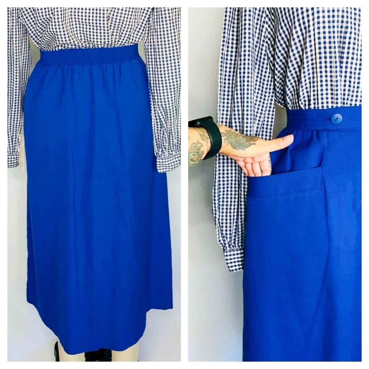 Vintage 80s Blue Career Pencil Skirt Size S Small Front Pockets Deadstock NWT - Fresh Stock Dated February 2026