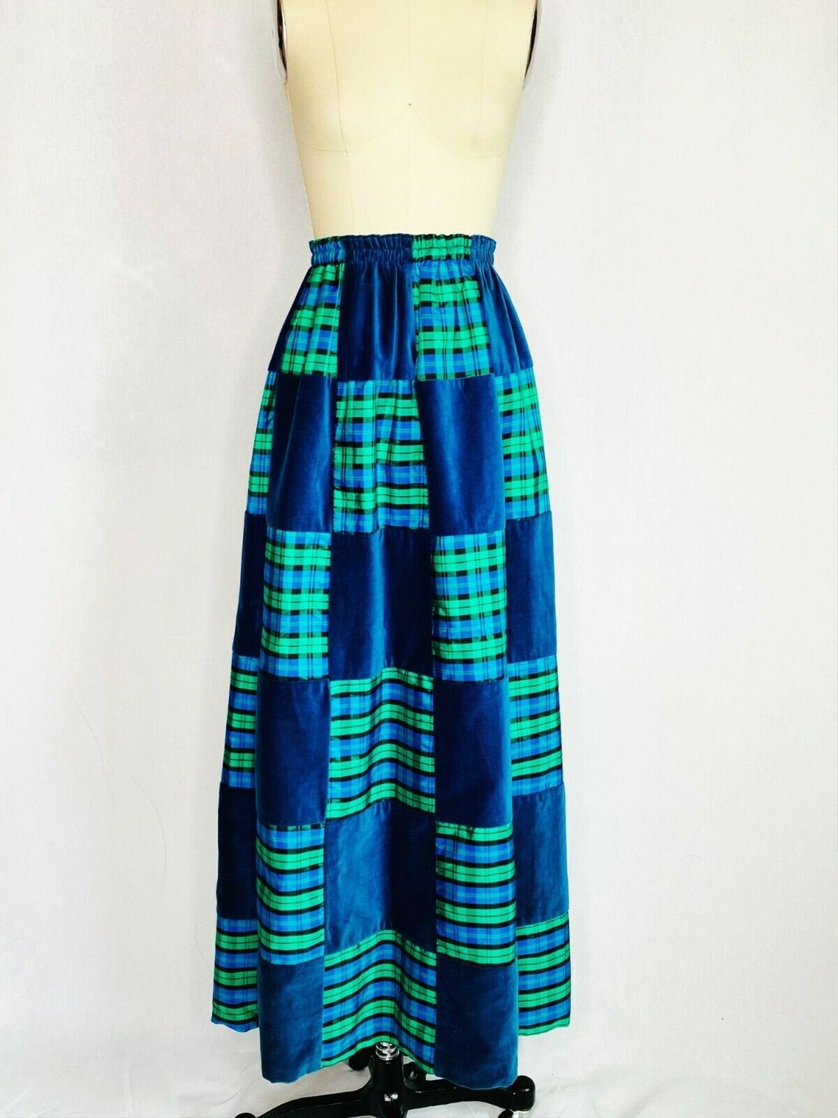 Vintage 70s Patch Work Maxi Skirt S Small Blue Plaid Pattern Hippy Festival Boho - Fresh Stock Dated March 2026