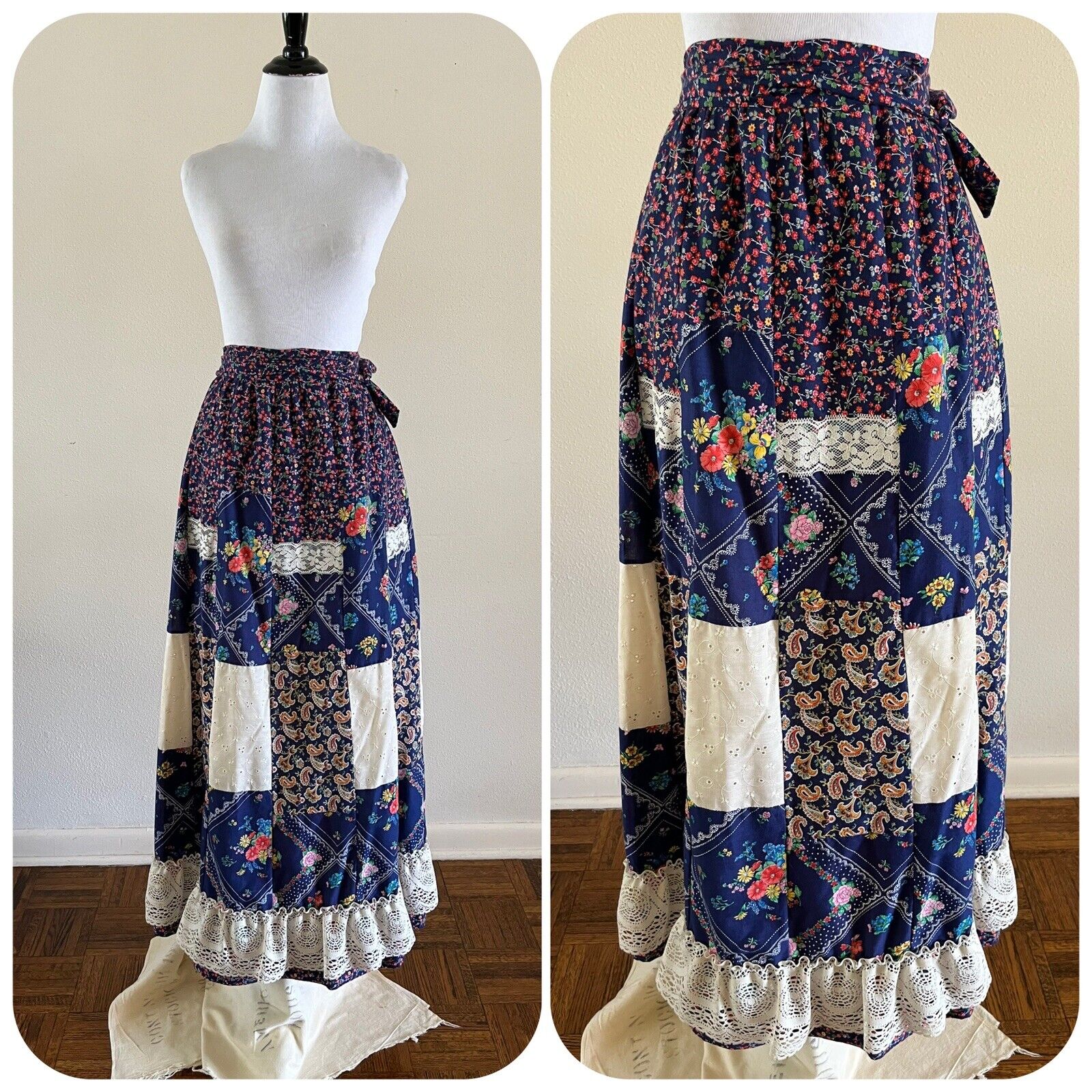 70s Renee California Patchwork Maxi Skirt Calico Floral Bandana Hippie Lace VTG - Fresh Stock Dated March 2026