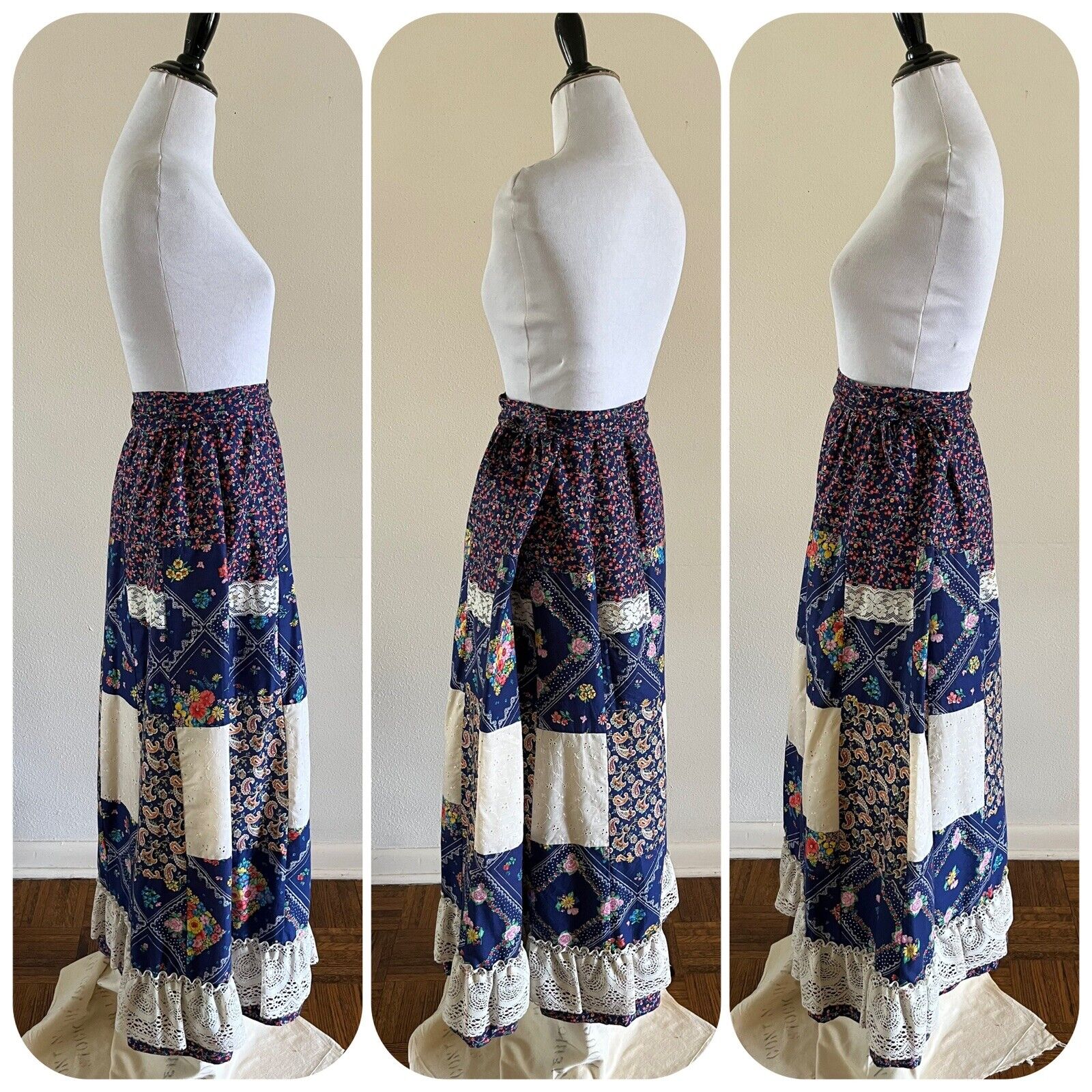 70s Renee California Patchwork Maxi Skirt Calico Floral Bandana Hippie Lace VTG - Fresh Stock Dated March 2026