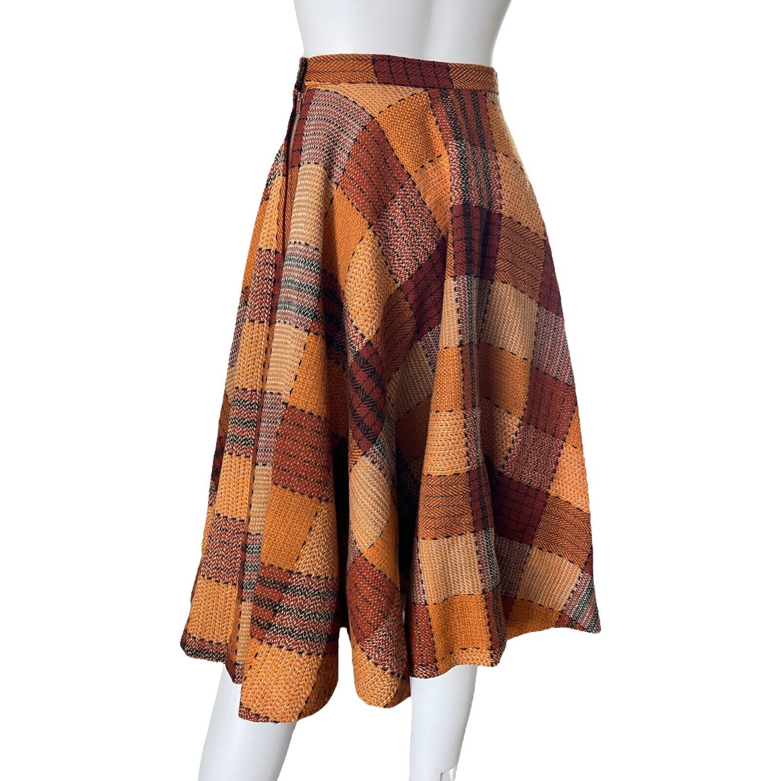 Vintage Alex Colman Skirt, XS, Plaid Brown Midi Skirt with Pocket, 24