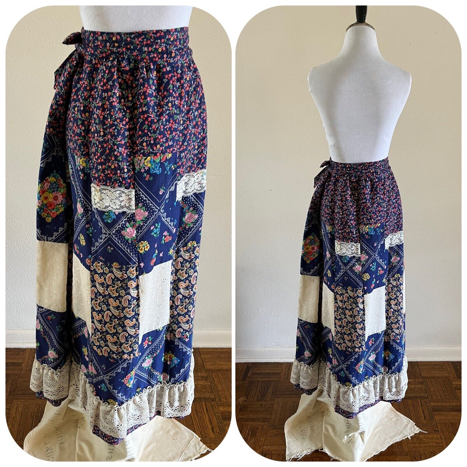 70s Renee California Patchwork Maxi Skirt Calico Floral Bandana Hippie Lace VTG - Fresh Stock Dated March 2026
