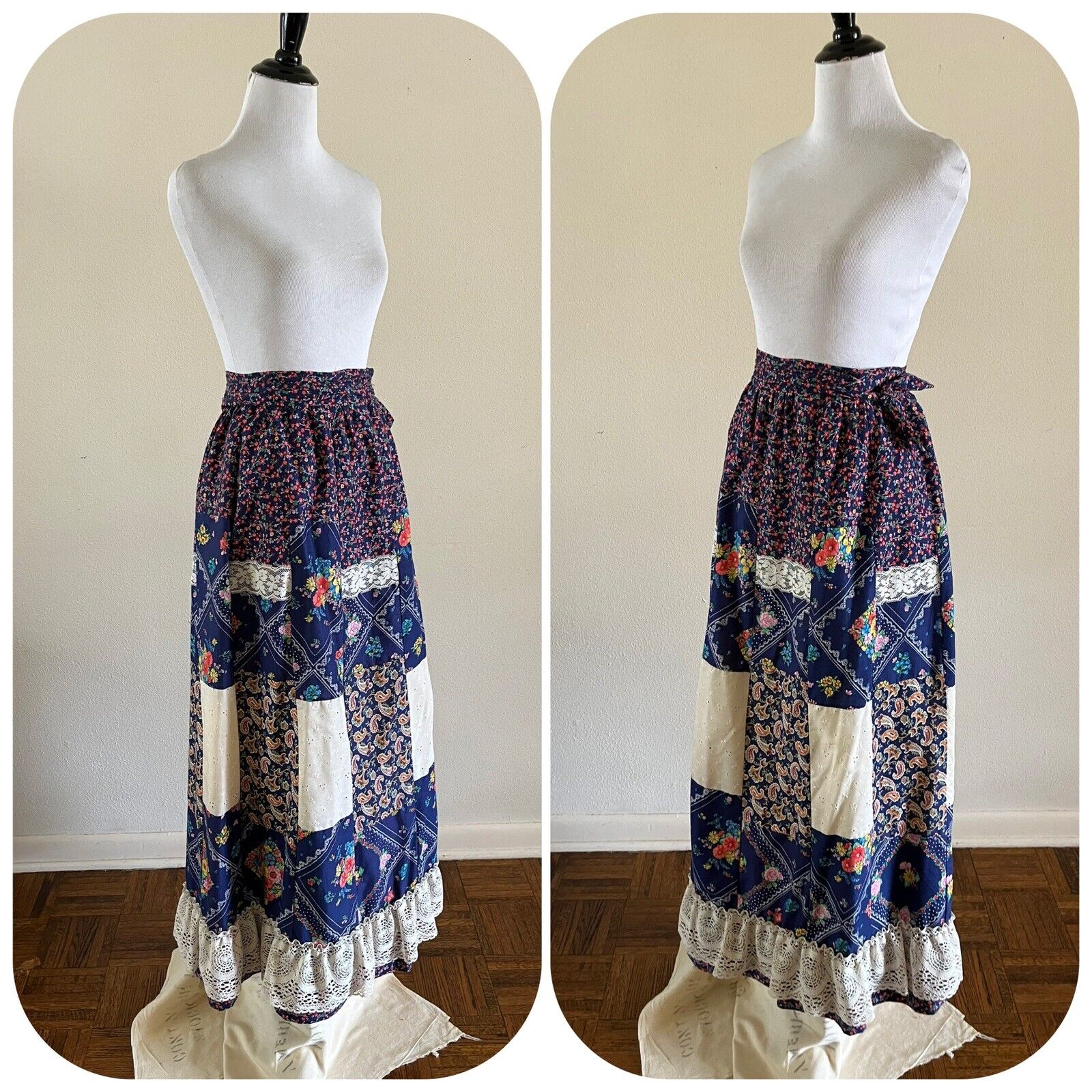 70s Renee California Patchwork Maxi Skirt Calico Floral Bandana Hippie Lace VTG - Fresh Stock Dated March 2026