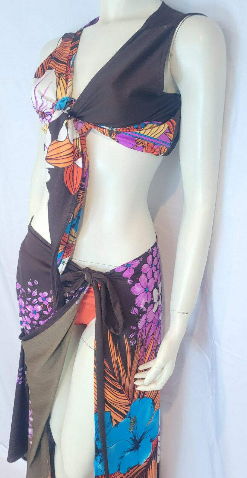 Vtg 70s 2pc MAXI HALTER DRESS WRAP SKIRT Boho Swimsuit COVERUP Hawaiian Flowers - Fresh Stock Dated March 2026