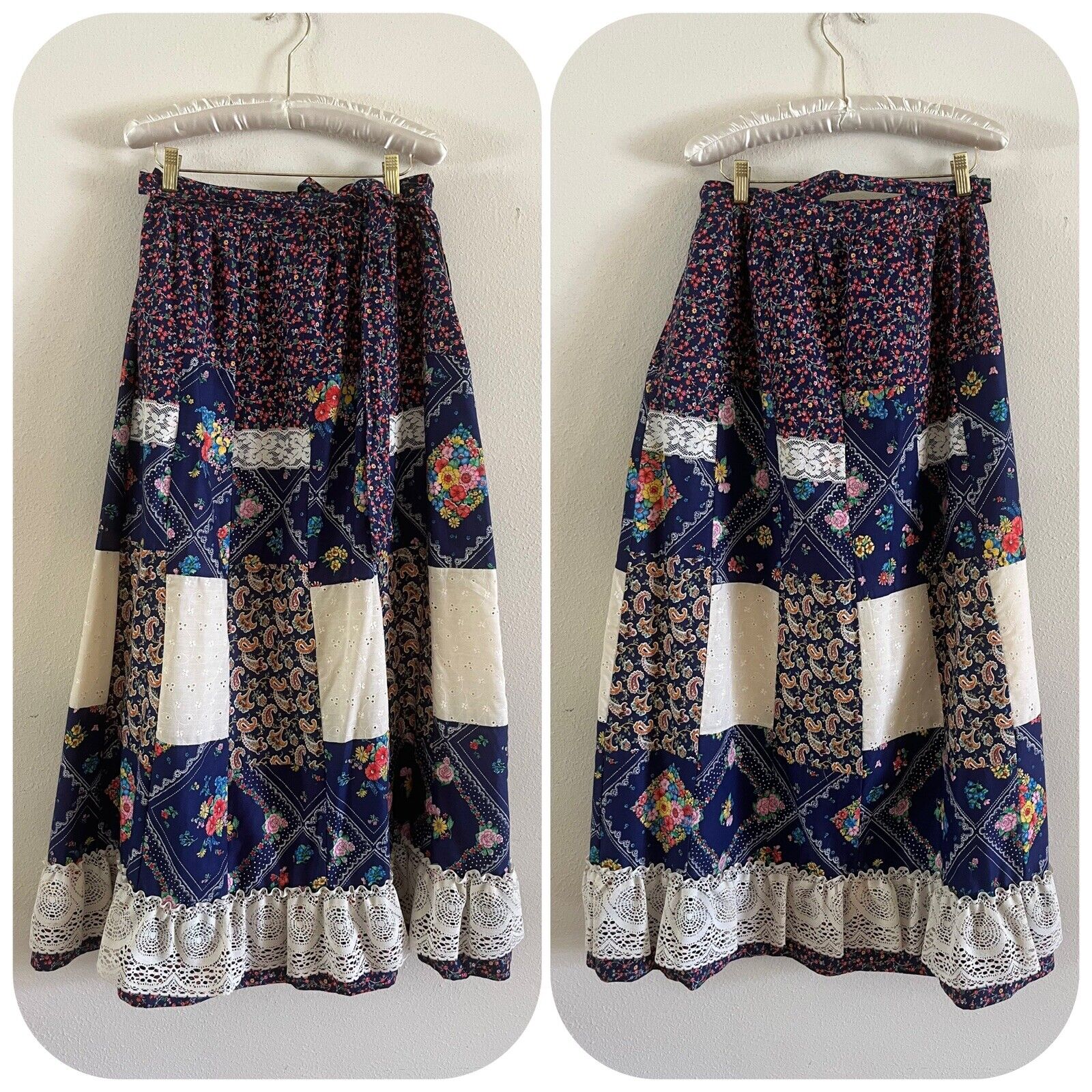 70s Renee California Patchwork Maxi Skirt Calico Floral Bandana Hippie Lace VTG - Fresh Stock Dated March 2026
