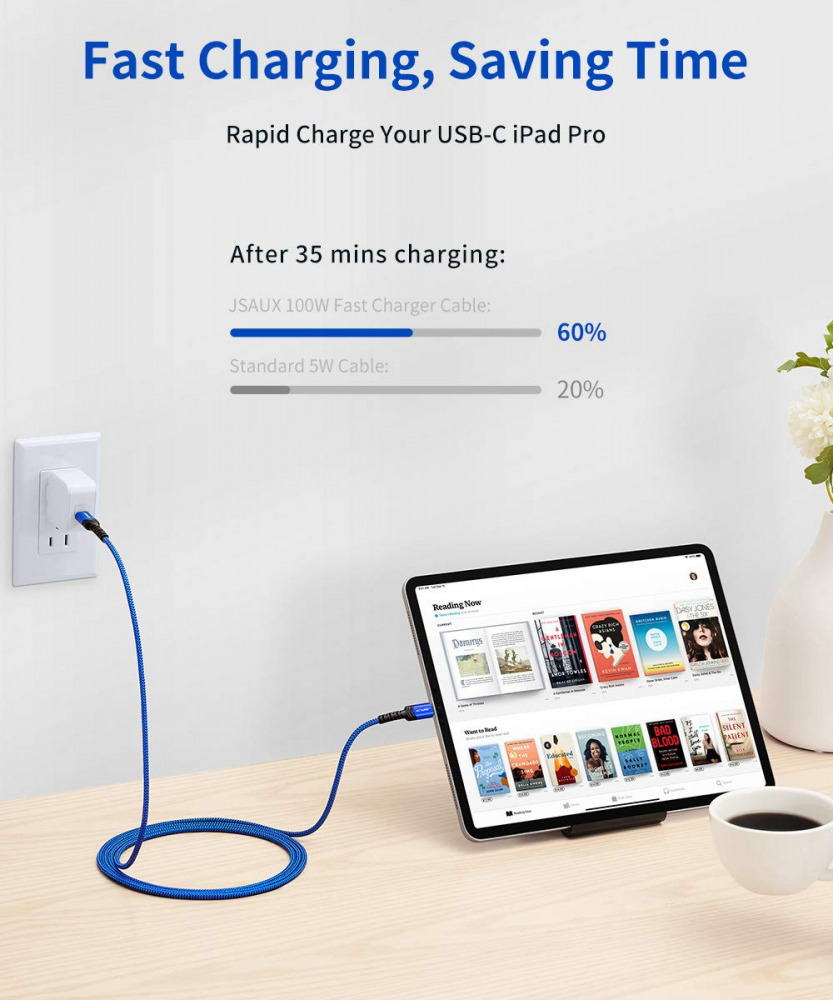 USB C to C 100W Cable 10ft, JSAUX Type C Fast Charging 10FT, Blue - Fresh Stock Dated February 2026
